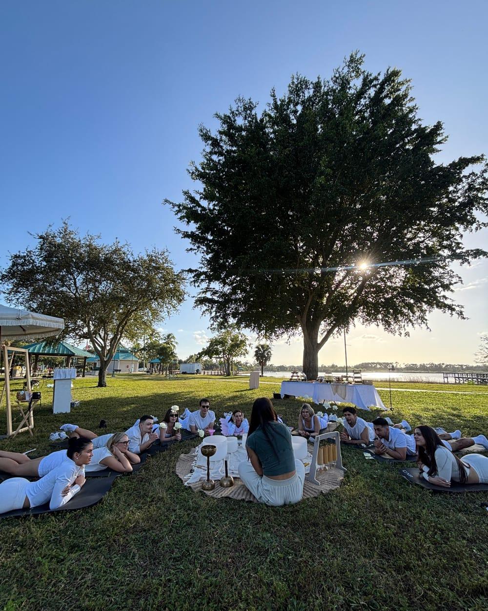 Guests sitting in a circle at a Bloomlight gathering in a park